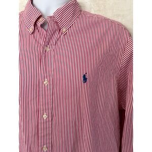 Ralph Lauren Mens Striped Classic Fit Button Down Shirt Large Bright‎ Pink White
